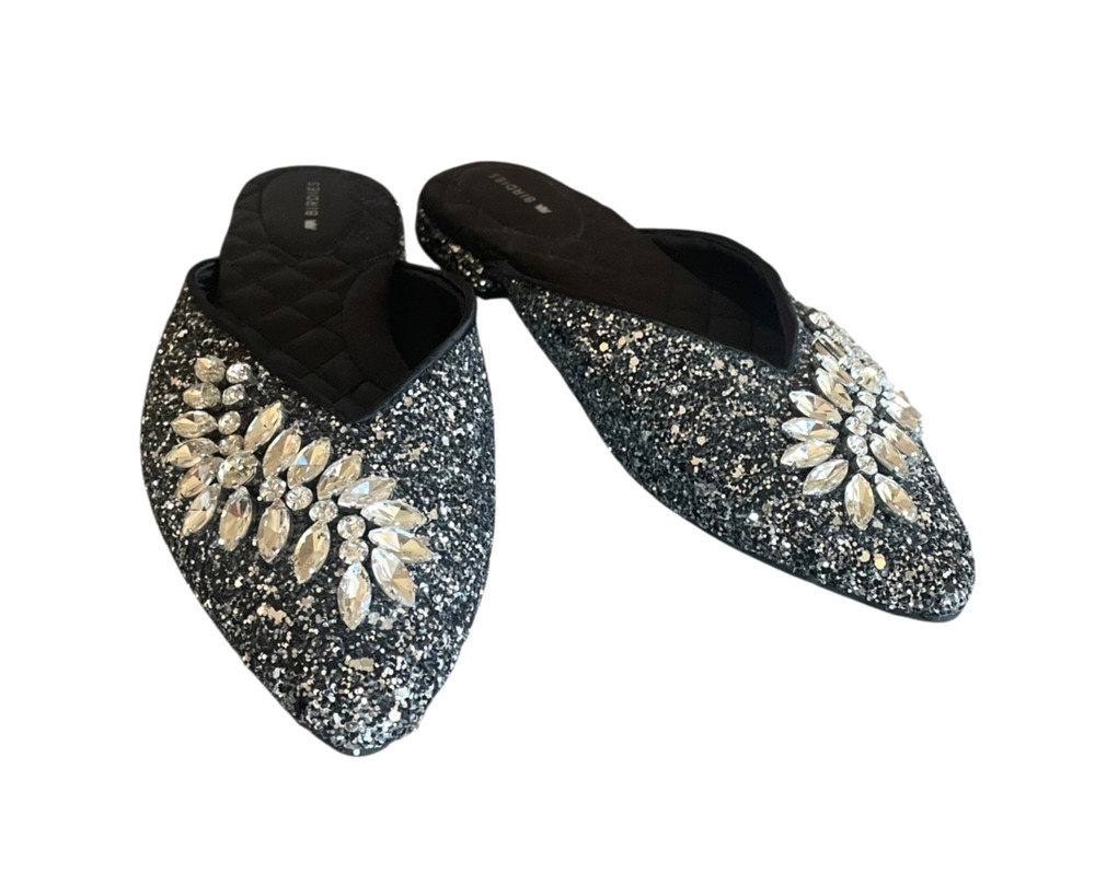 BIRDIES The Swan Size 7 Black Embellished Pointed Toe Flats Slip-On Holiday Mule